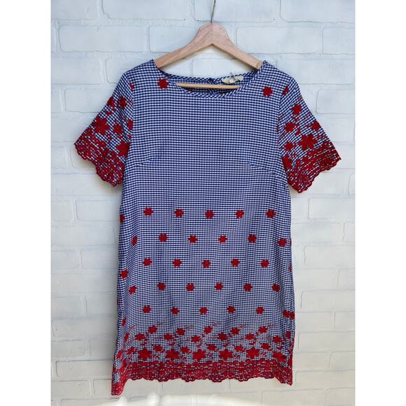 entro Blue Checkered Red Embroidered Flowers Knee Length Shift Dress-sz S/M - Picture 1 of 5
